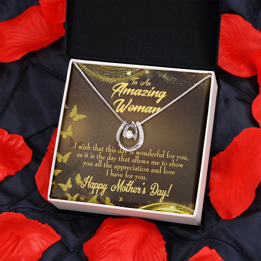 Wish This Mother's Day Lucky Horseshoe Necklace Message Card 14k w CZ Crystals-Express Your Love Gifts