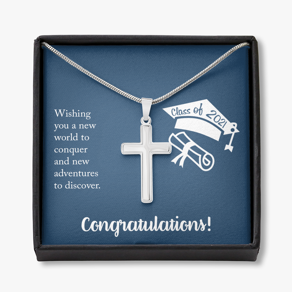 Wishing You A New Word Graduation Message Cross Card Necklace w Stainless Steel Pendant-Express Your Love Gifts