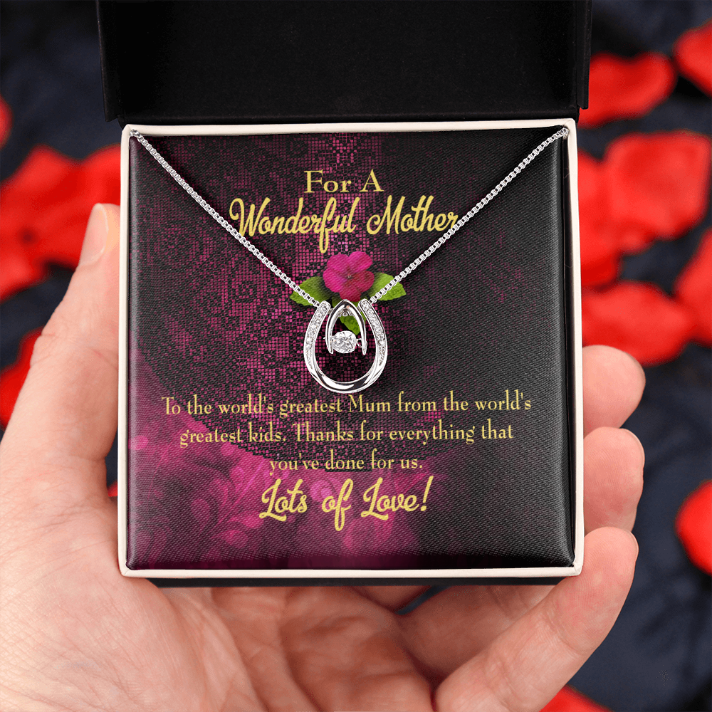 World's Greatest Mum Lucky Horseshoe Necklace Message Card 14k w CZ Crystals-Express Your Love Gifts