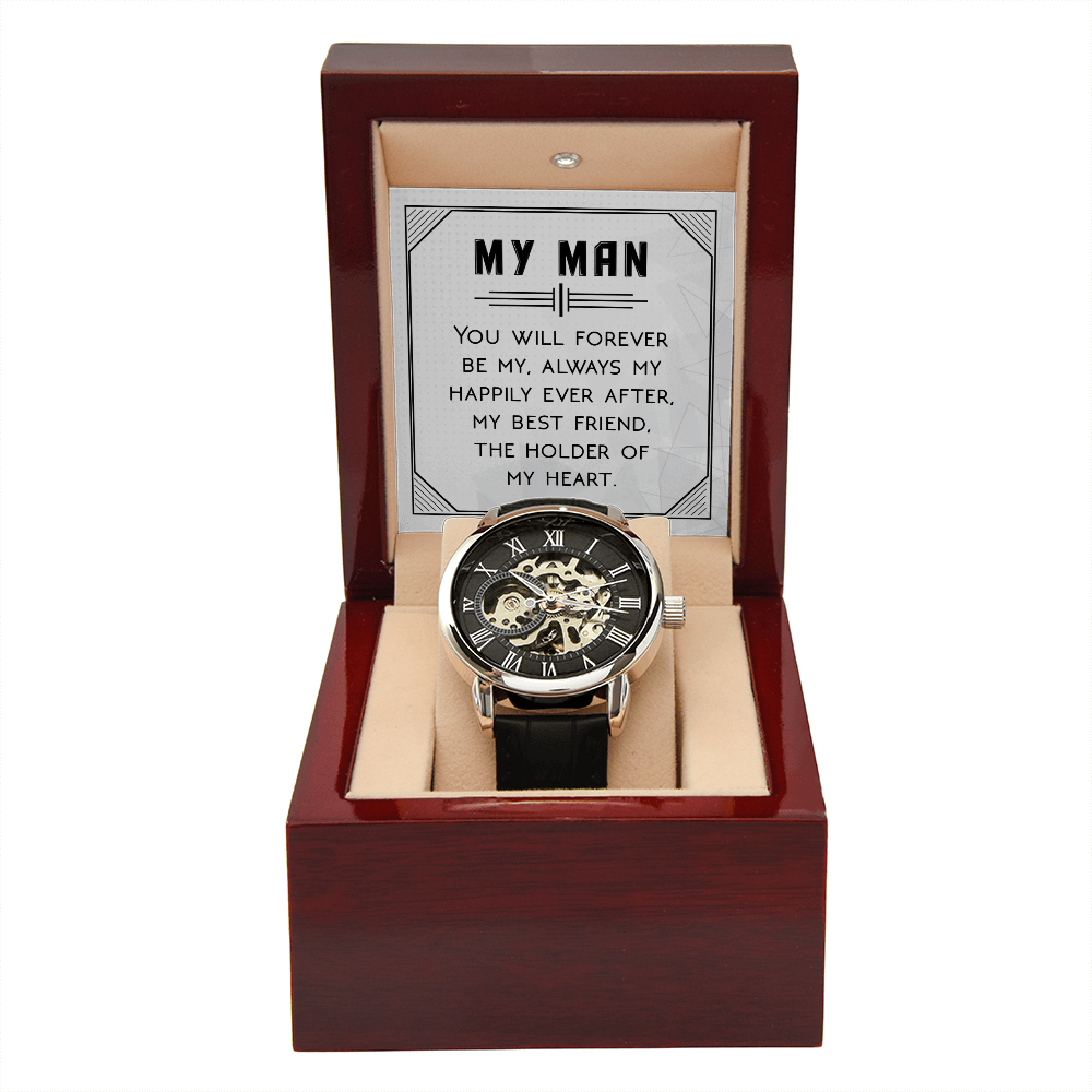 You Will Forever be My Always Men's Openwork Watch With Message Card in Mahogany Box-Express Your Love Gifts