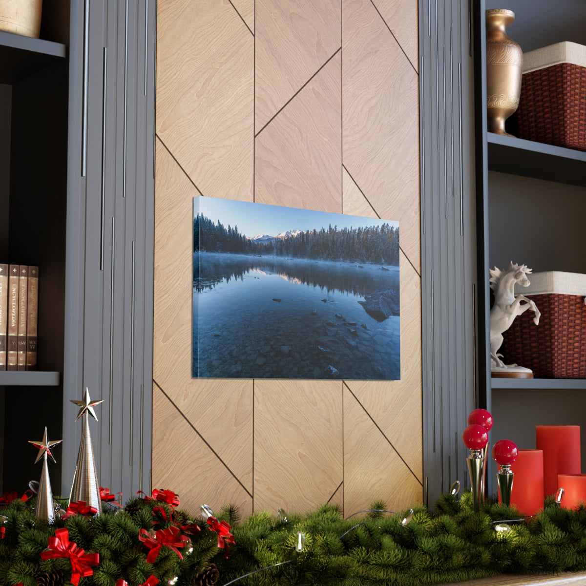 Clear Winter Lake Pine Tree Mountain Nature Wilderness Photography Canvas Wall Art for Home Decor Ready-to-Hang-Express Your Love Gifts