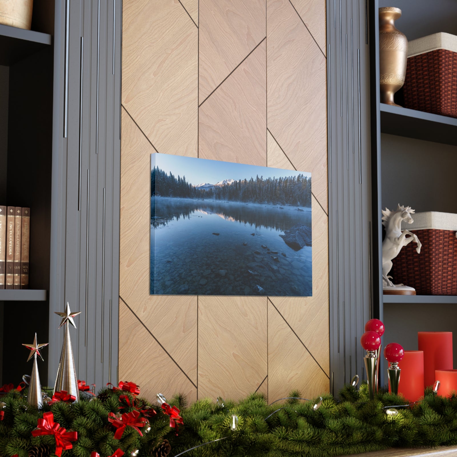 Clear Winter Lake Pine Tree Mountain Nature Wilderness Photography Canvas Wall Art for Home Decor Ready-to-Hang-Express Your Love Gifts