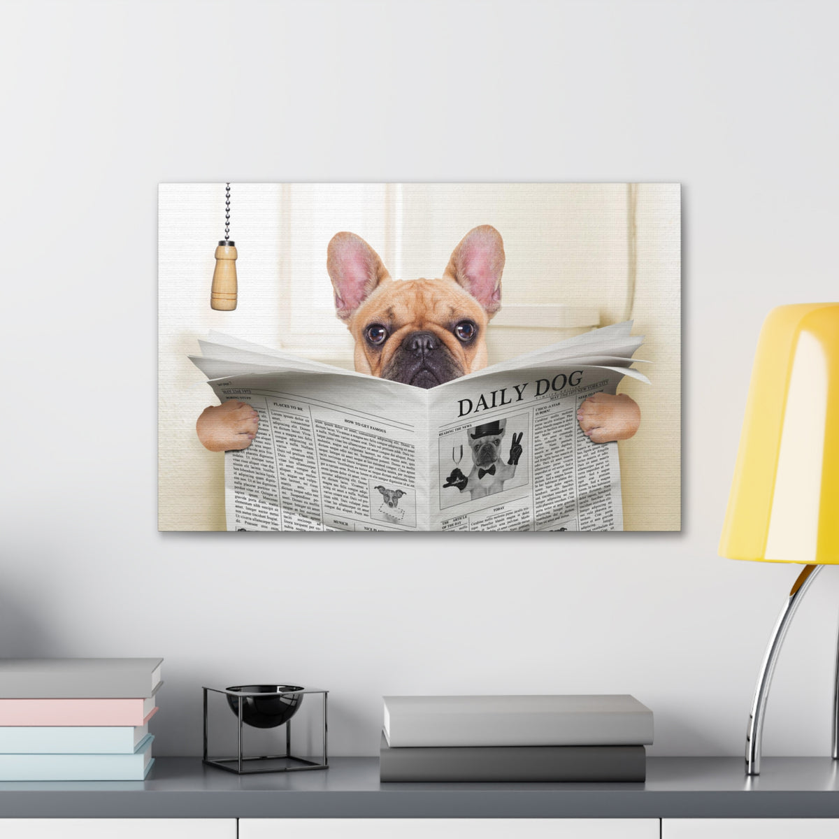 Fawn French Bulldog Reading Newspaper On Toilet Funny Canvas Wall Art for Home Decor Ready-to-Hand-Express Your Love Gifts