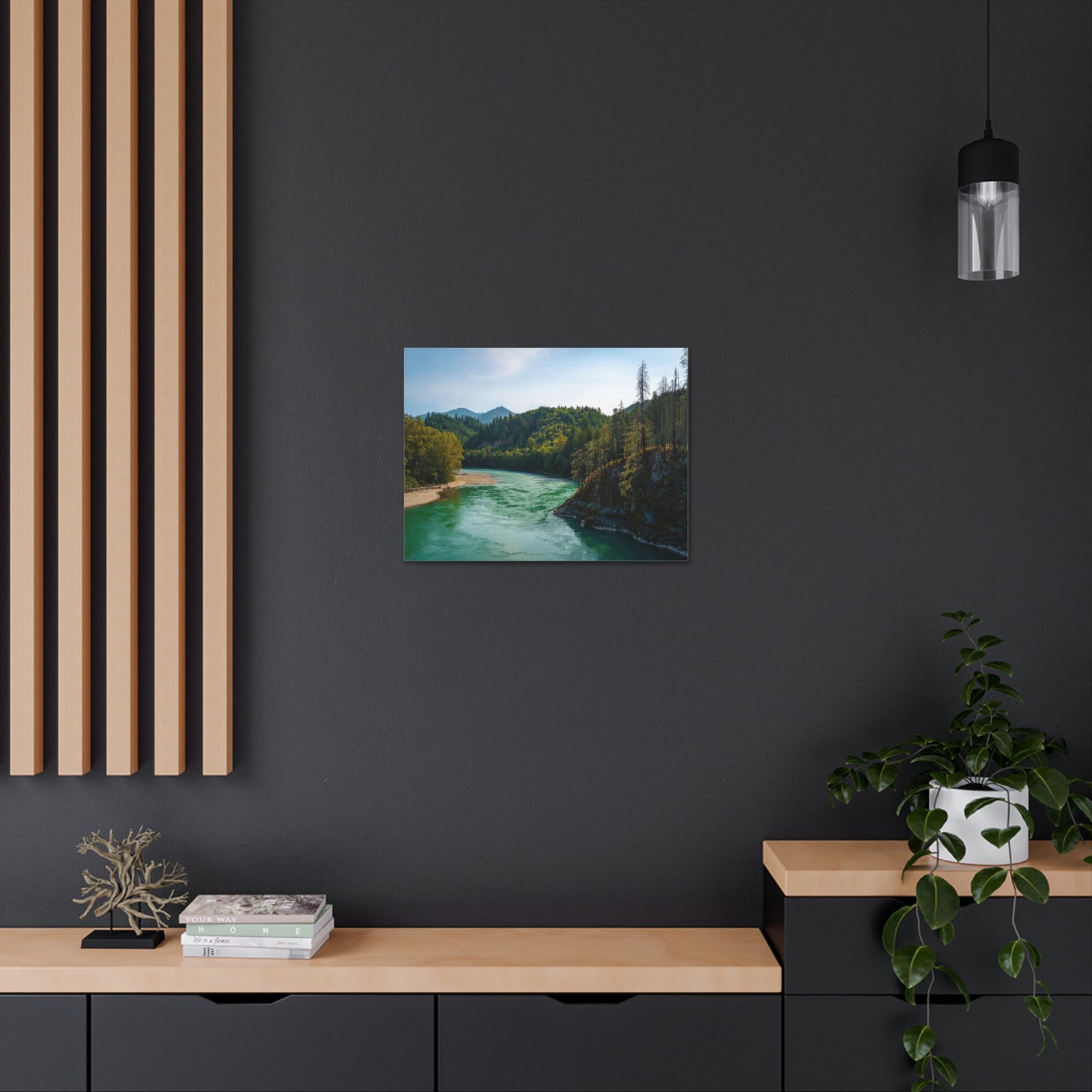 River Through Pine Tree Green Forest Nature Wilderness Photography Canvas Wall Art for Home Decor Ready-to-Hang-Express Your Love Gifts