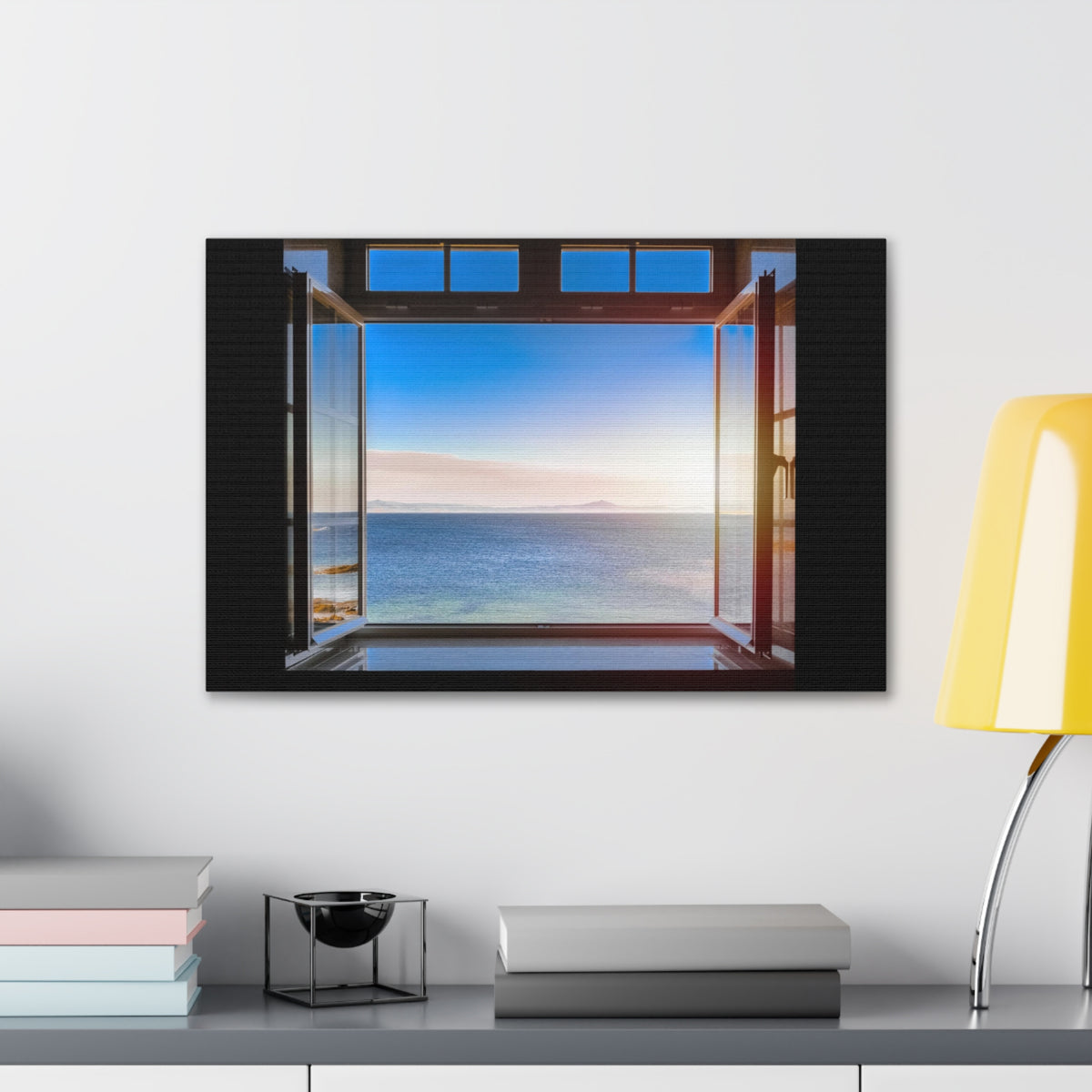 Dark Room Sunset Sea View Open Window Ocean Canvas Wall Art for Home Decor Ready-to-Hang-Express Your Love Gifts