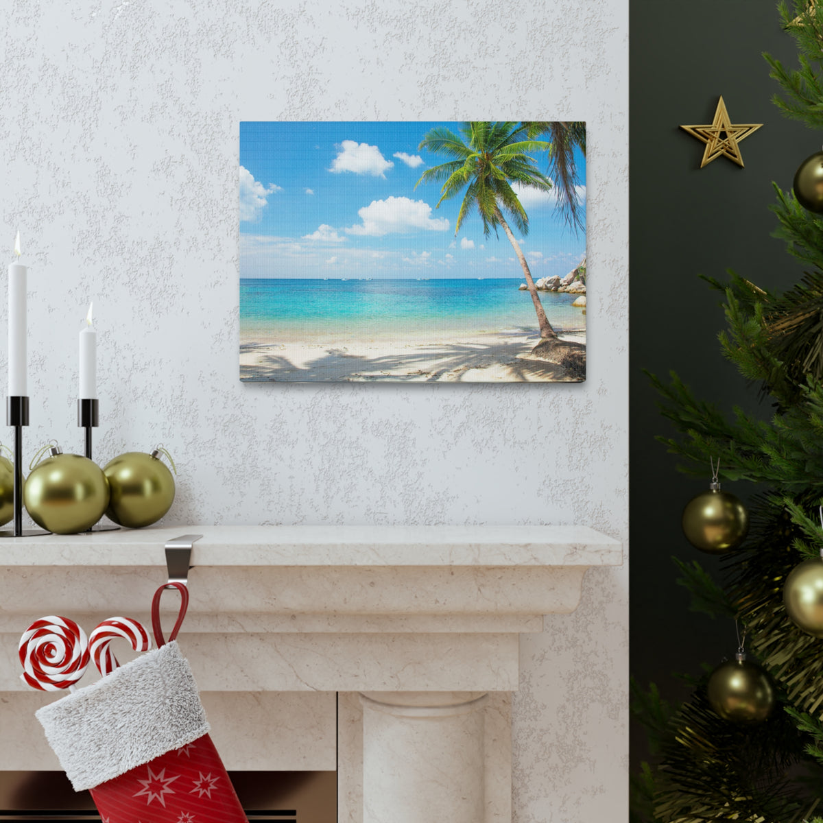 Tropical Beach With Coconut Palm Tree Ocean Canvas Wall Art for Home Decor Ready-to-Hang-Express Your Love Gifts