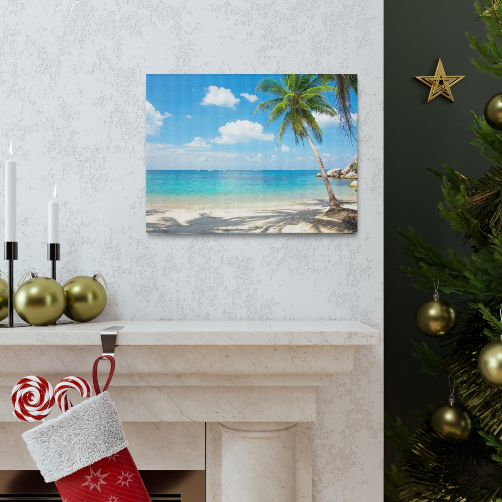 Tropical Beach With Coconut Palm Tree Ocean Canvas Wall Art for Home Decor Ready-to-Hang-Express Your Love Gifts