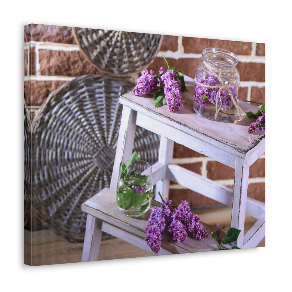 Beautiful Lilac Flowers On Wooden Ladder Rustic Design Canvas Wall Art for Home Decor Ready-to-Hang-Express Your Love Gifts