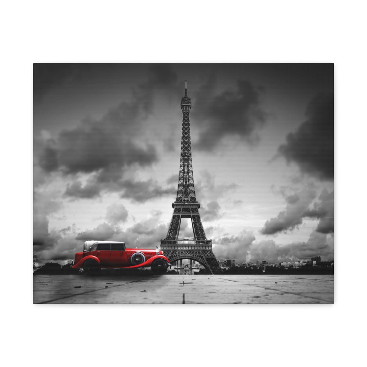 Eiffel Tower Skyline Black White Rain Red Umbrella Canvas Artwork High-Quality Breathtaking Stunning Cityscape for Home Decor Ready to Hang-Express Your Love Gifts