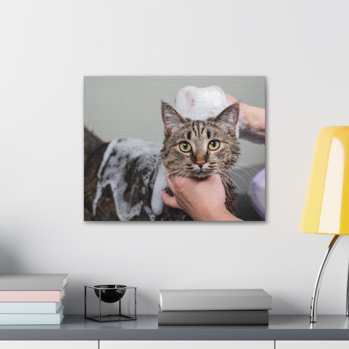 Cute Tabby Gray Cat Bathee Canvas Wall Art for Home Decor Ready-to-Hang-Express Your Love Gifts
