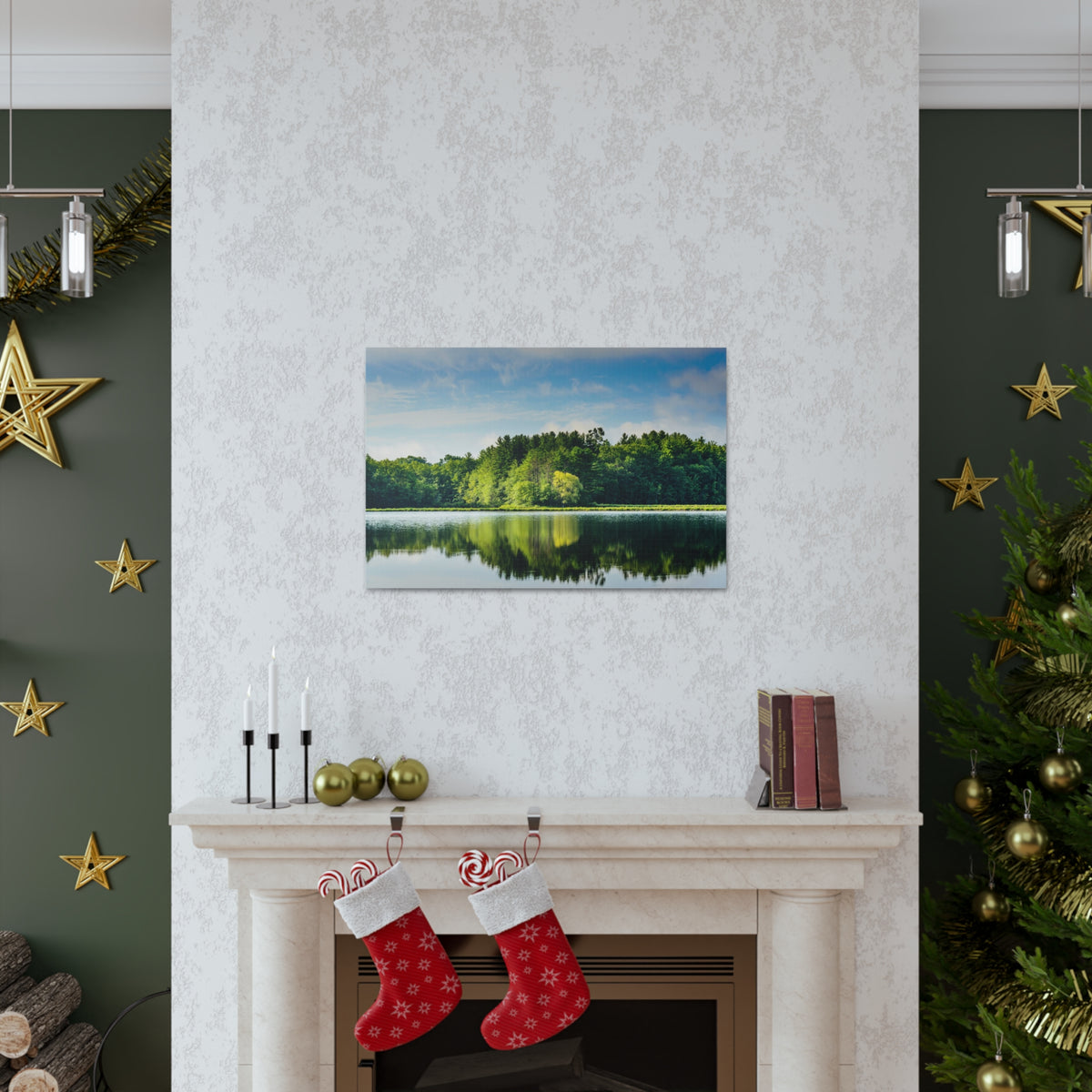 Green Forest Clear Lake Reflection Nature Wilderness Photography Canvas Wall Art for Home Decor Ready-to-Hang-Express Your Love Gifts