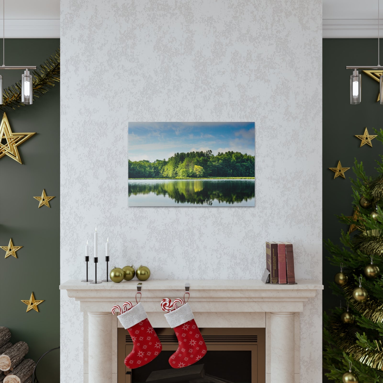 Green Forest Clear Lake Reflection Nature Wilderness Photography Canvas Wall Art for Home Decor Ready-to-Hang-Express Your Love Gifts