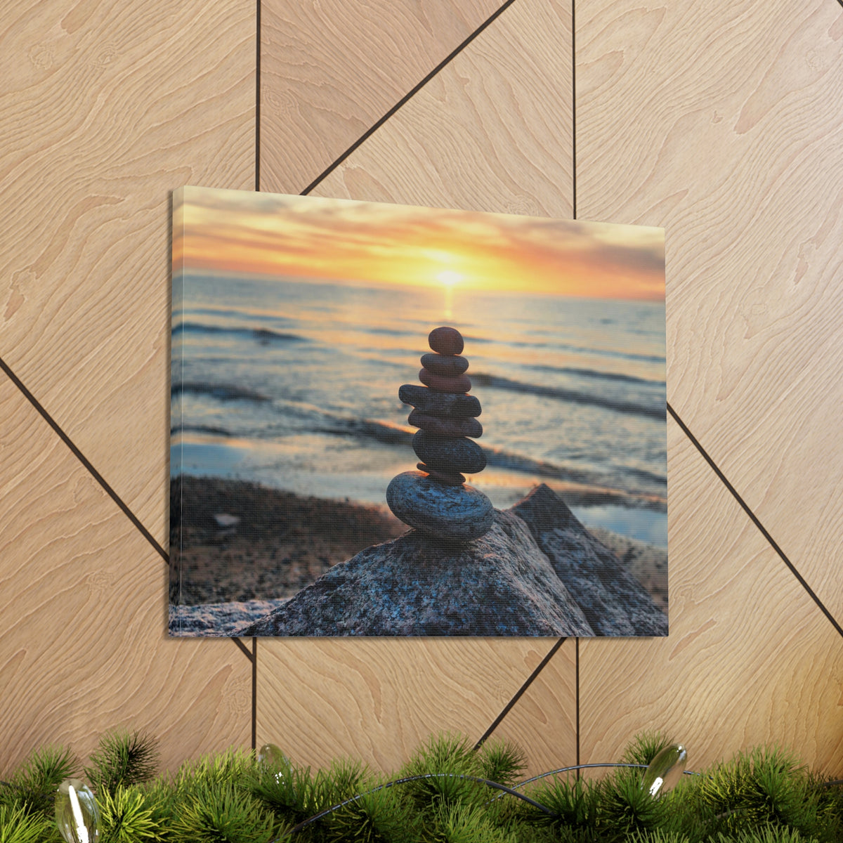 Pebbles Stack Over Beach Nature Wilderness Photography Canvas Wall Art for Home Decor Ready-to-Hang-Express Your Love Gifts