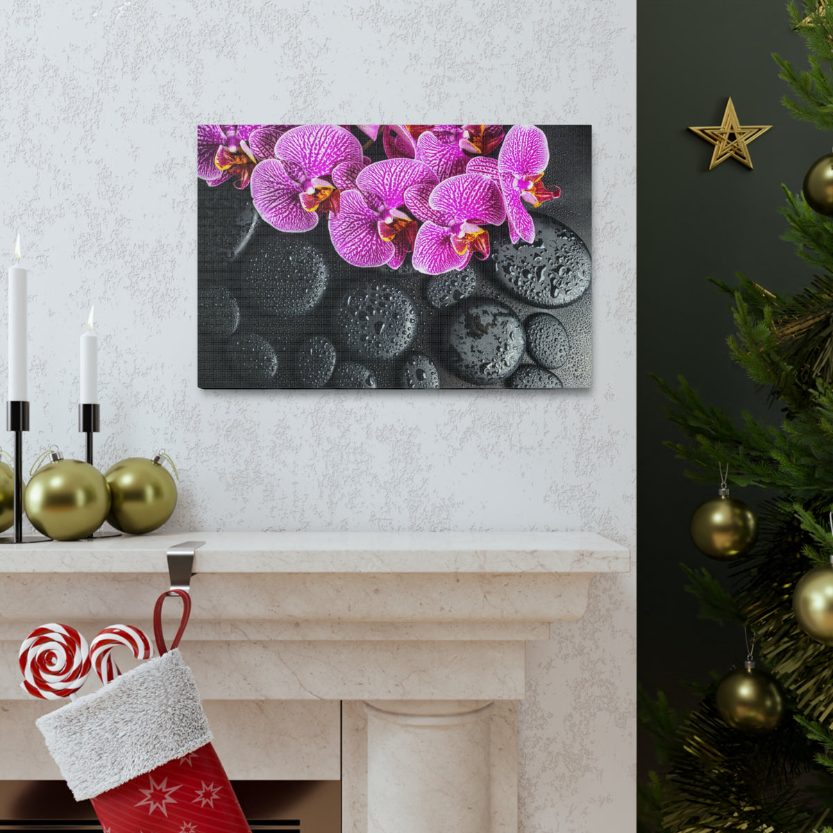 Violet Orchid on Stones Forest Floral Nature Photography Canvas Wall Art for Home Decor Ready-to-Hang-Express Your Love Gifts
