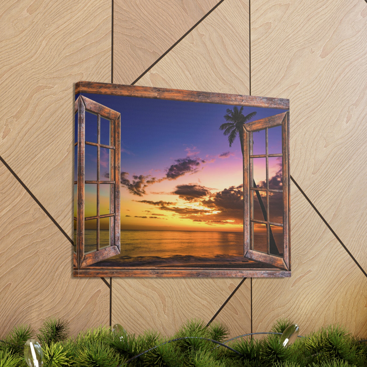 Canvas Print Wall Art Window Sunset Sea Nature Photography Realism Scenic Landscape Colorful Multicolor for Home Decor Ready to Hang-Express Your Love Gifts