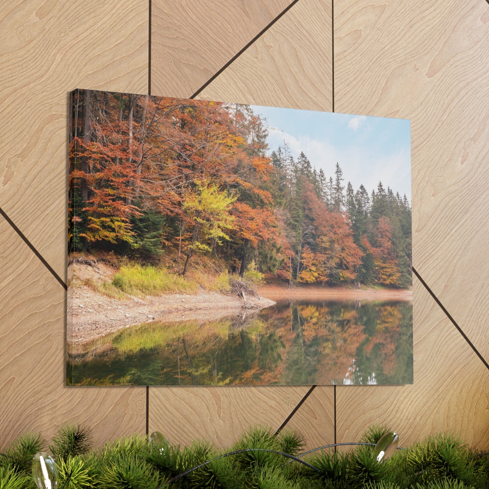 Autumn Forest Lake Orange Leave Tree Nature Wilderness Photography Canvas Wall Art for Home Decor Ready-to-Hang-Express Your Love Gifts