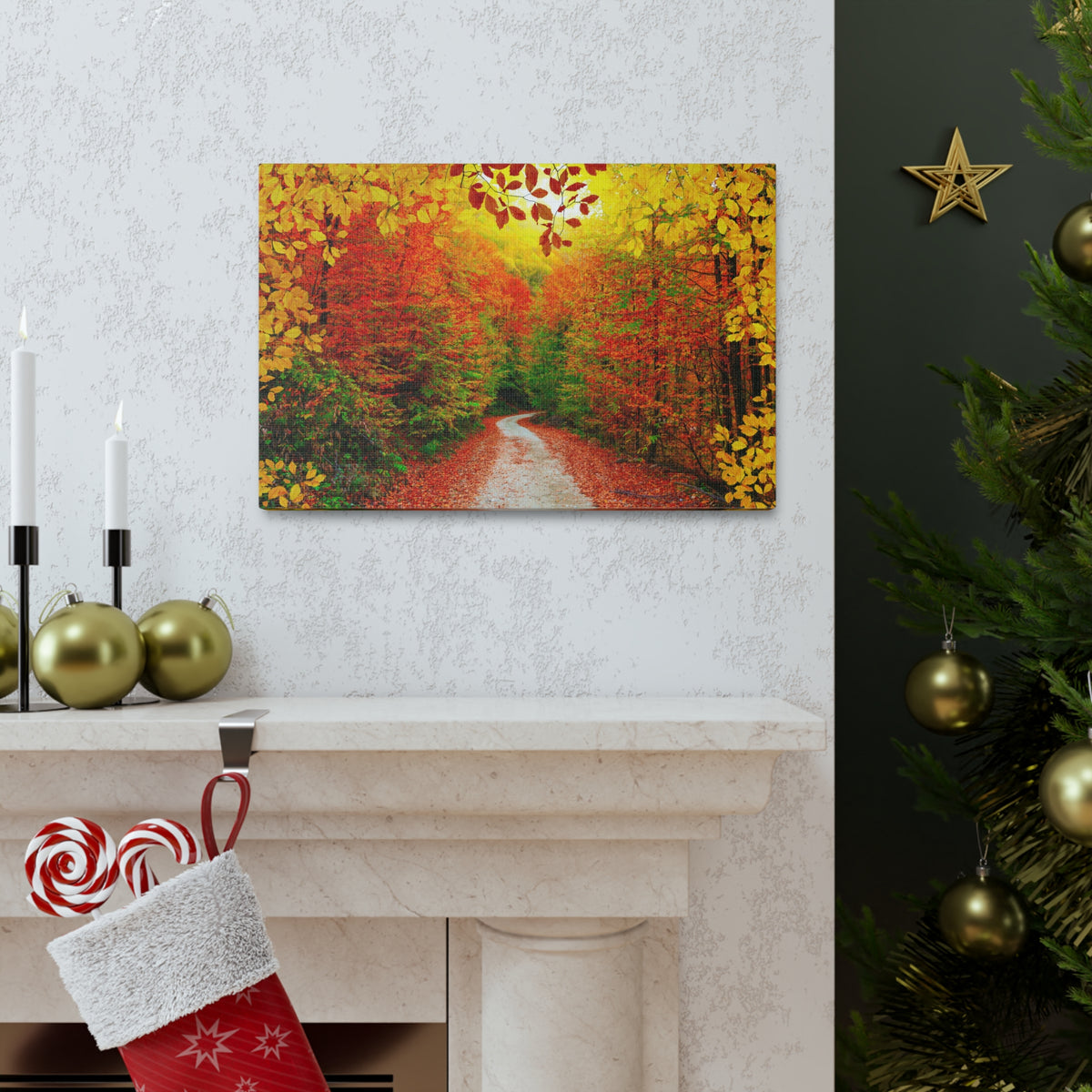 Autumn Fall Orange Leaf Forest Tree Trail Nature Wilderness Photography Canvas Wall Art for Home Decor Ready-to-Hang-Express Your Love Gifts