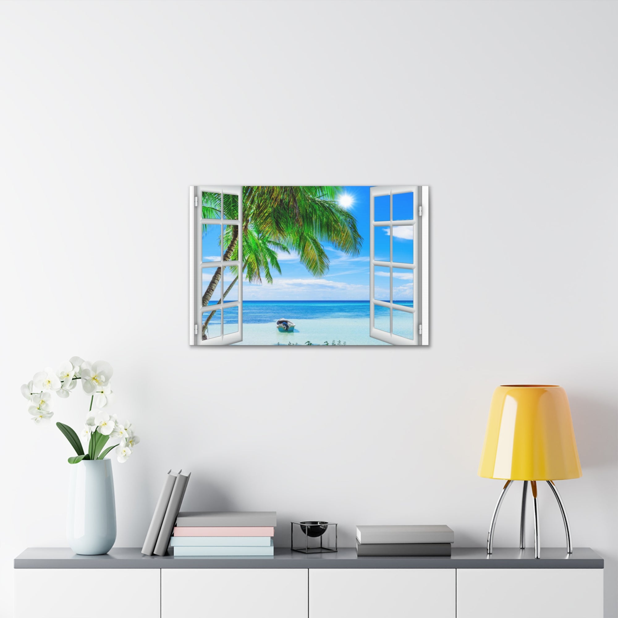 Canvas Print Wall Art Window Beach Coconut View Nature Photography Realism Scenic Landscape Colorful Multicolor for Home Decor Ready to Hang-Express Your Love Gifts