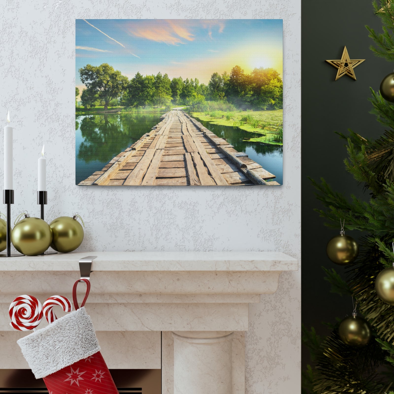 Lake at Dawn Wooden Bridge Nature Wilderness Photography Canvas Wall Art for Home Decor Ready-to-Hang-Express Your Love Gifts