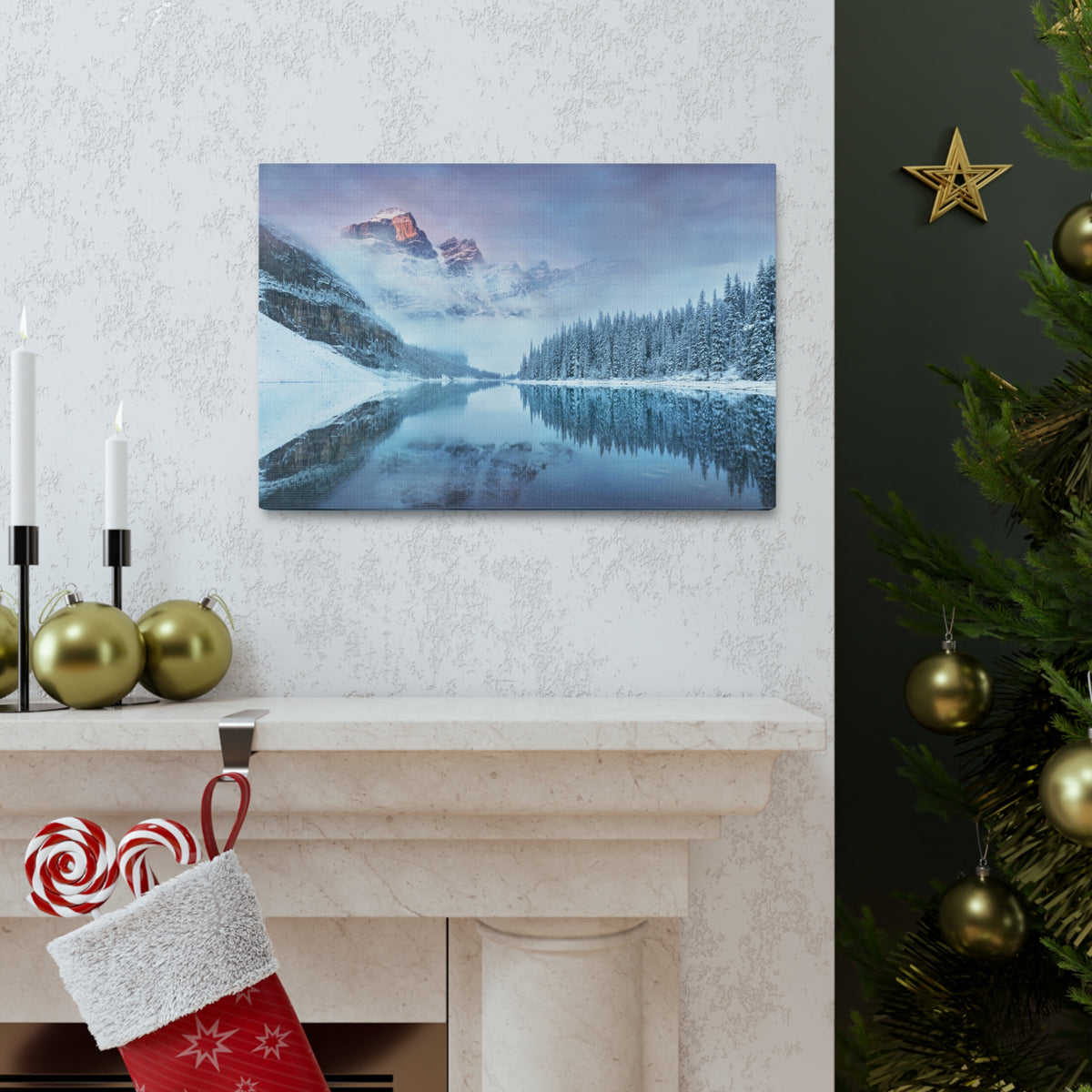 Mountain Winter Lake Pine Tree Nature Wilderness Photography Canvas Wall Art for Home Decor Ready-to-Hang-Express Your Love Gifts