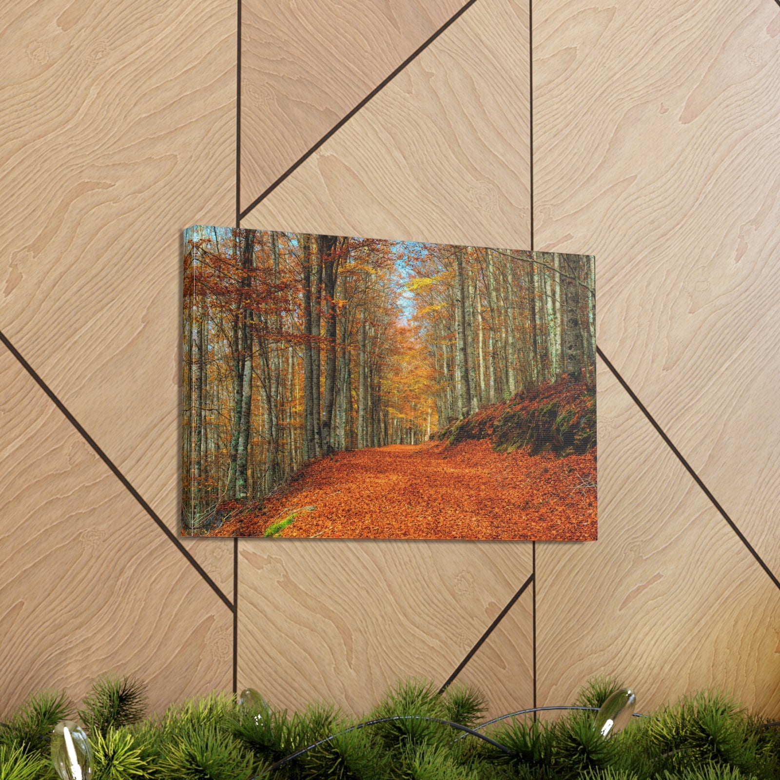 Path Through Red & Orange Autumn Park Nature Wilderness Photography Canvas Wall Art for Home Decor Ready-to-Hang-Express Your Love Gifts