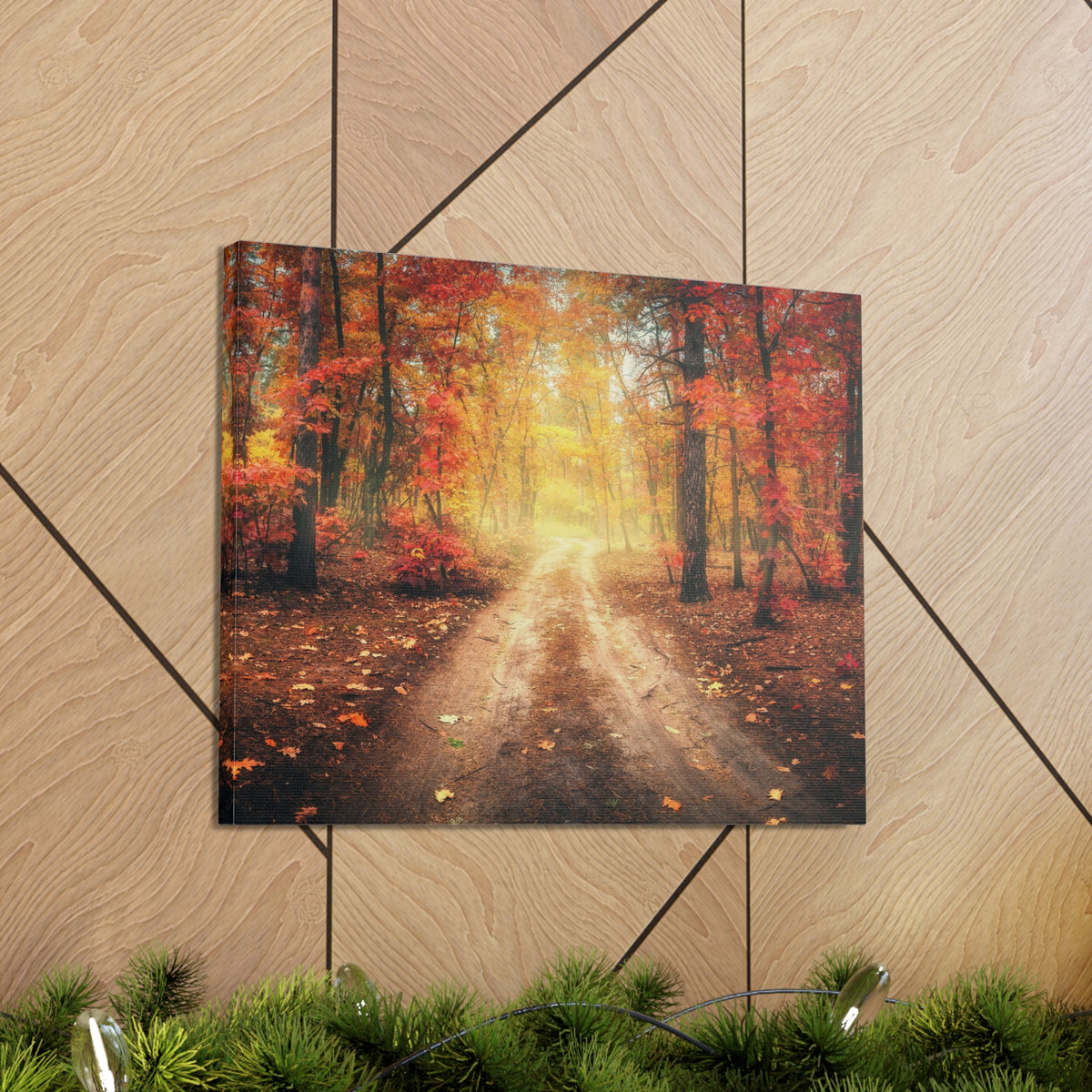 Autumn Forest Misty Orange Tree Path Nature Wilderness Photography Canvas Wall Art for Home Decor Ready-to-Hang-Express Your Love Gifts