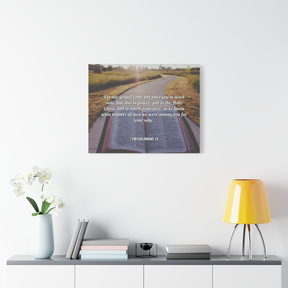 Scripture Canvas Gospel Came 1 Thessalonians 1:5 Christian Wall Art Bible Verse Print Ready to Hang-Express Your Love Gifts
