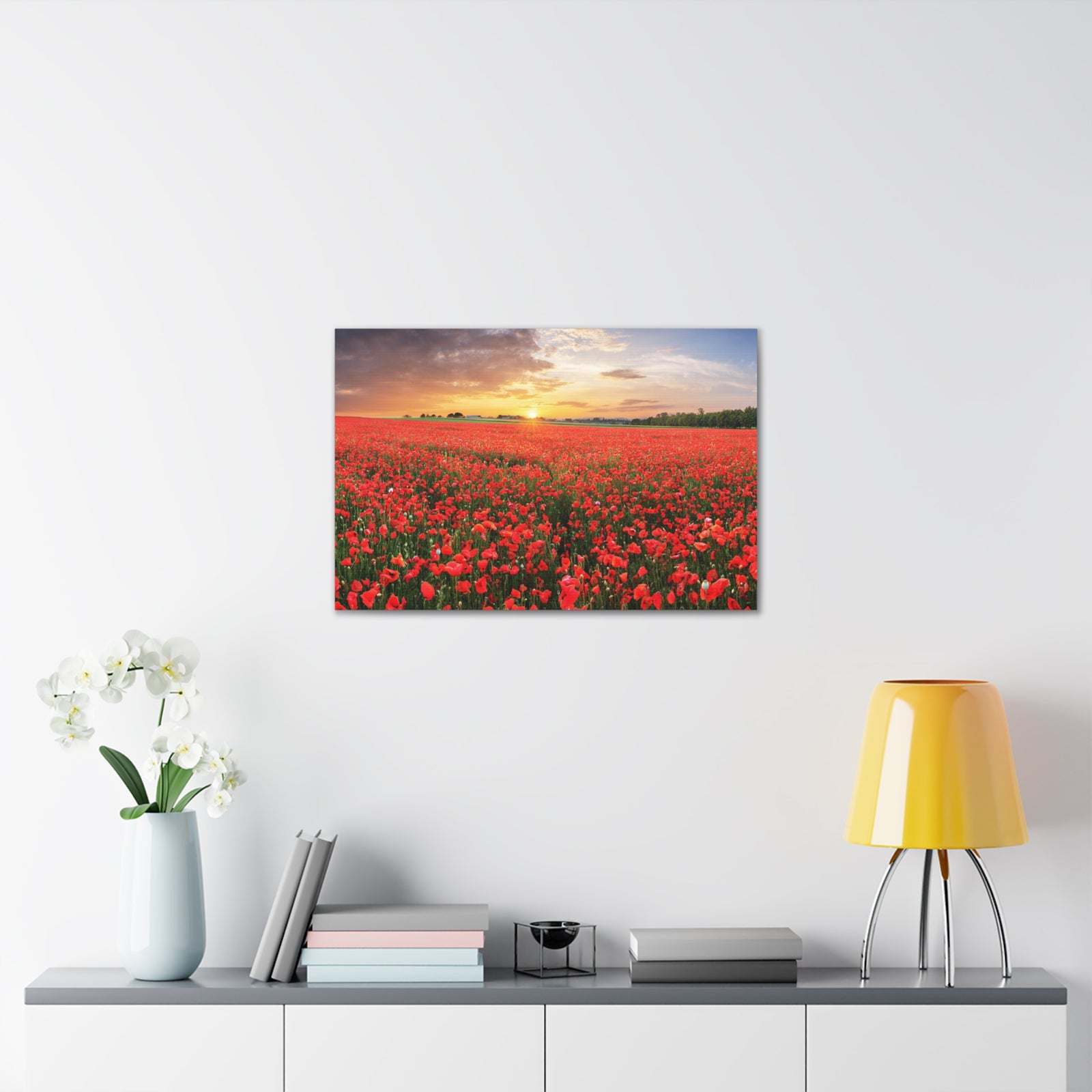 Nice Sunset Over Poppy Field Flower Canvas Wall Art for Home Decor Ready-to-Hang-Express Your Love Gifts