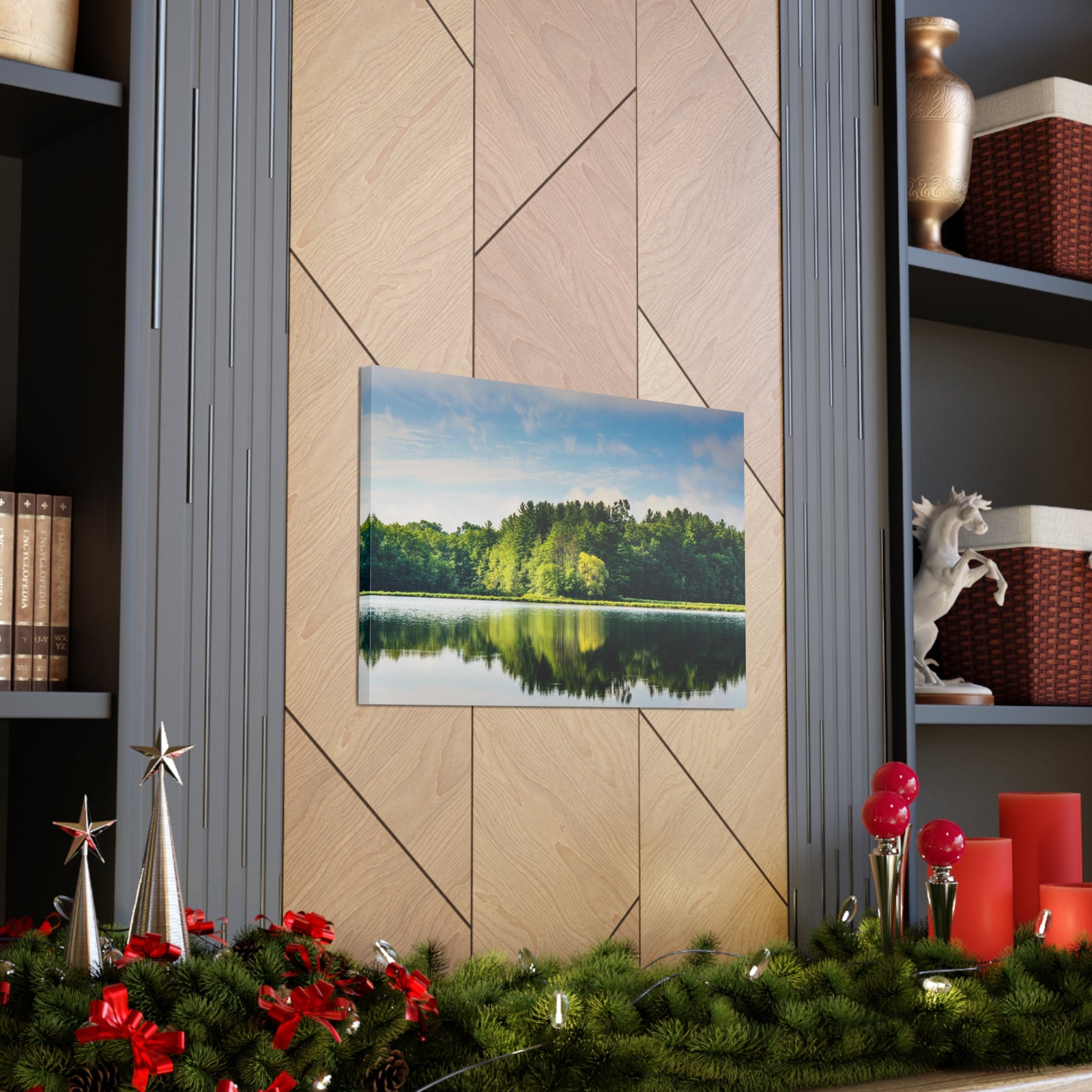 Green Forest Clear Lake Reflection Nature Wilderness Photography Canvas Wall Art for Home Decor Ready-to-Hang-Express Your Love Gifts