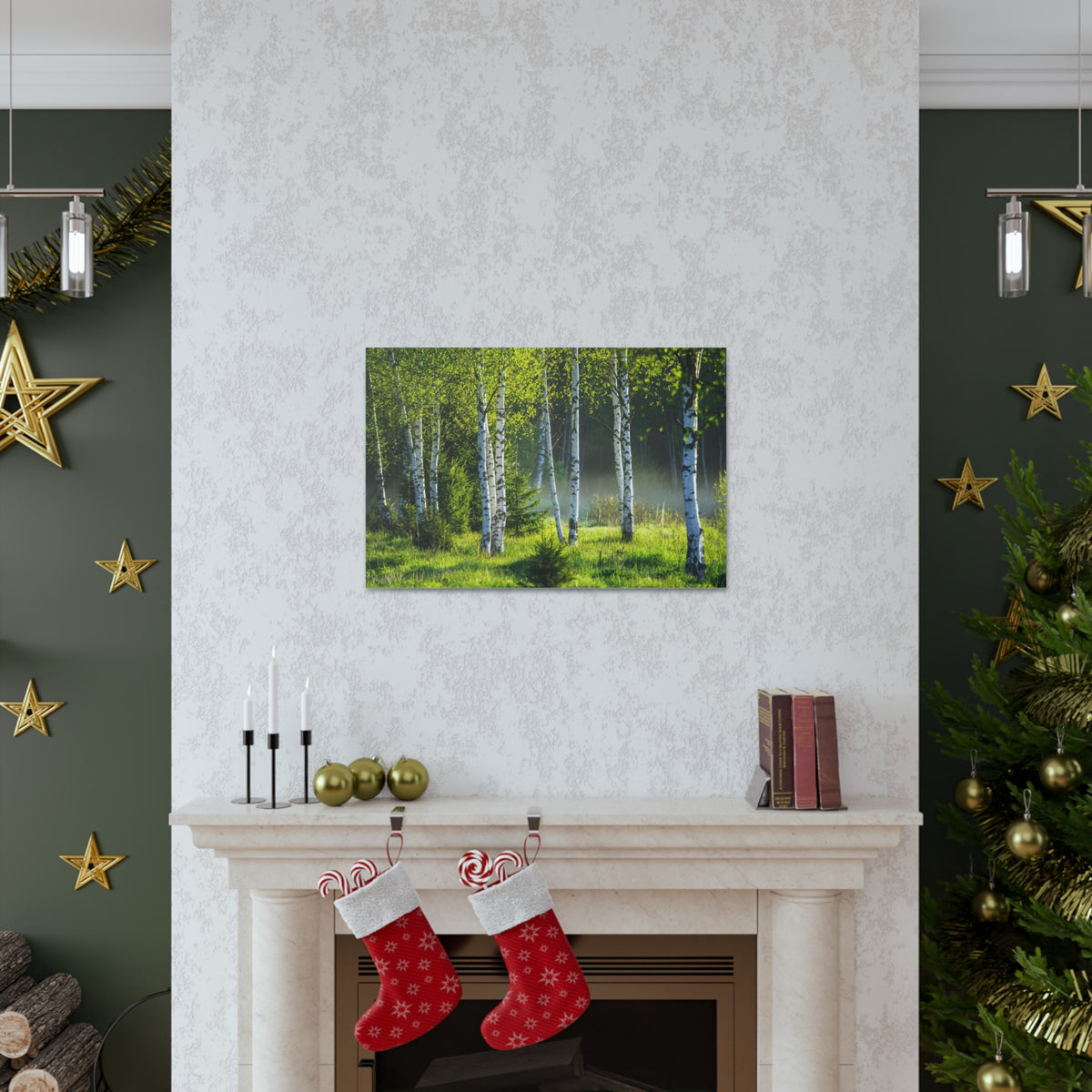 White Birch Trees in Green Forest Nature Wilderness Photography Canvas Wall Art for Home Decor Ready-to-Hang-Express Your Love Gifts