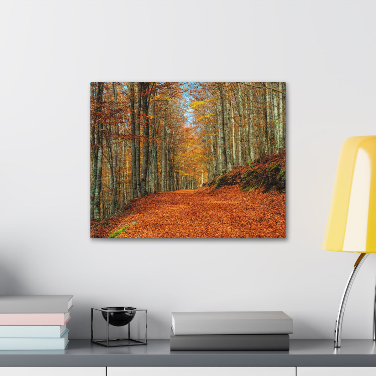 Path Through Red & Orange Autumn Park Nature Wilderness Photography Canvas Wall Art for Home Decor Ready-to-Hang-Express Your Love Gifts
