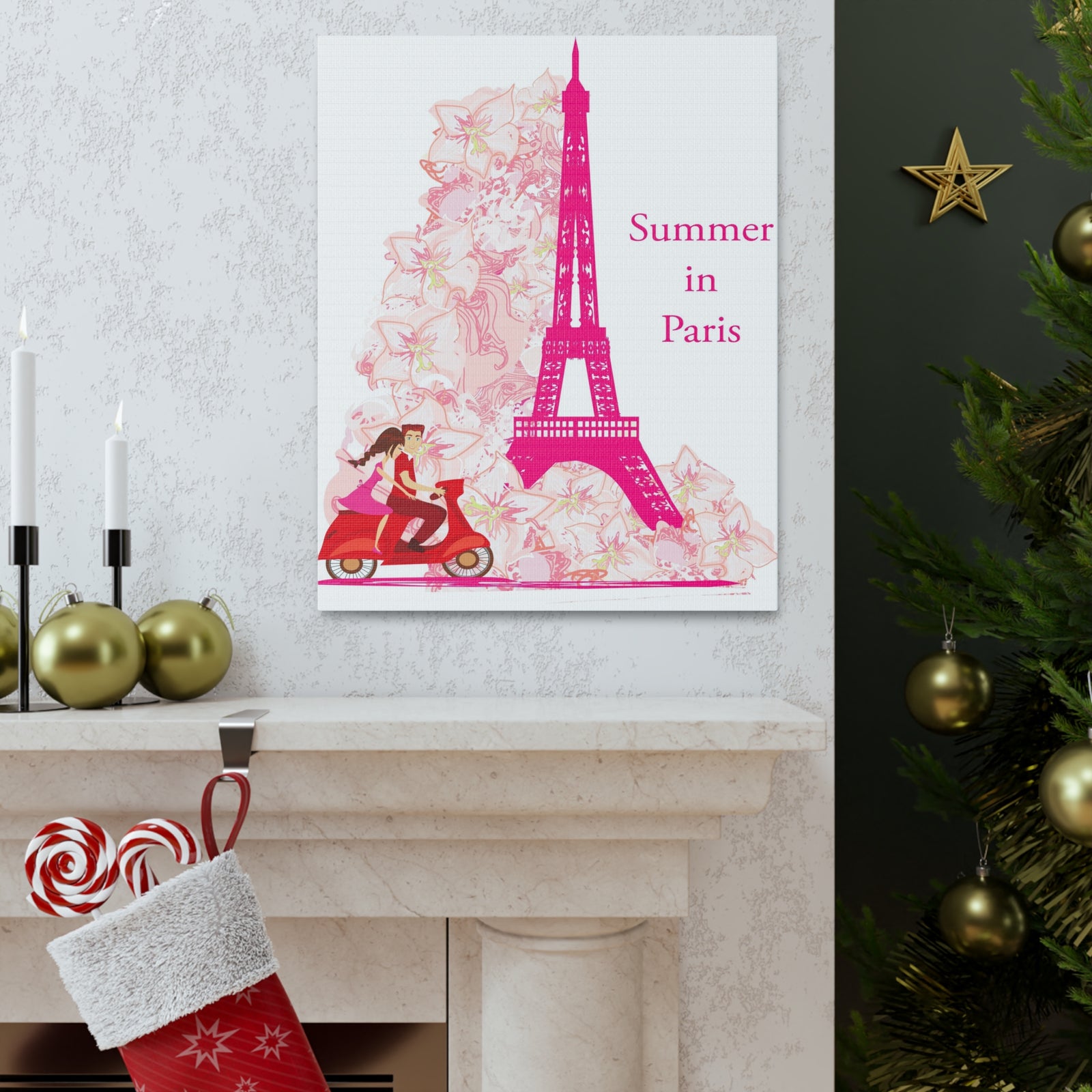 Pink Eiffel Tower Couple On Scooter Paris France Canvas Artwork High-Quality Breathtaking French City for Home Decor Ready to Hang-Express Your Love Gifts
