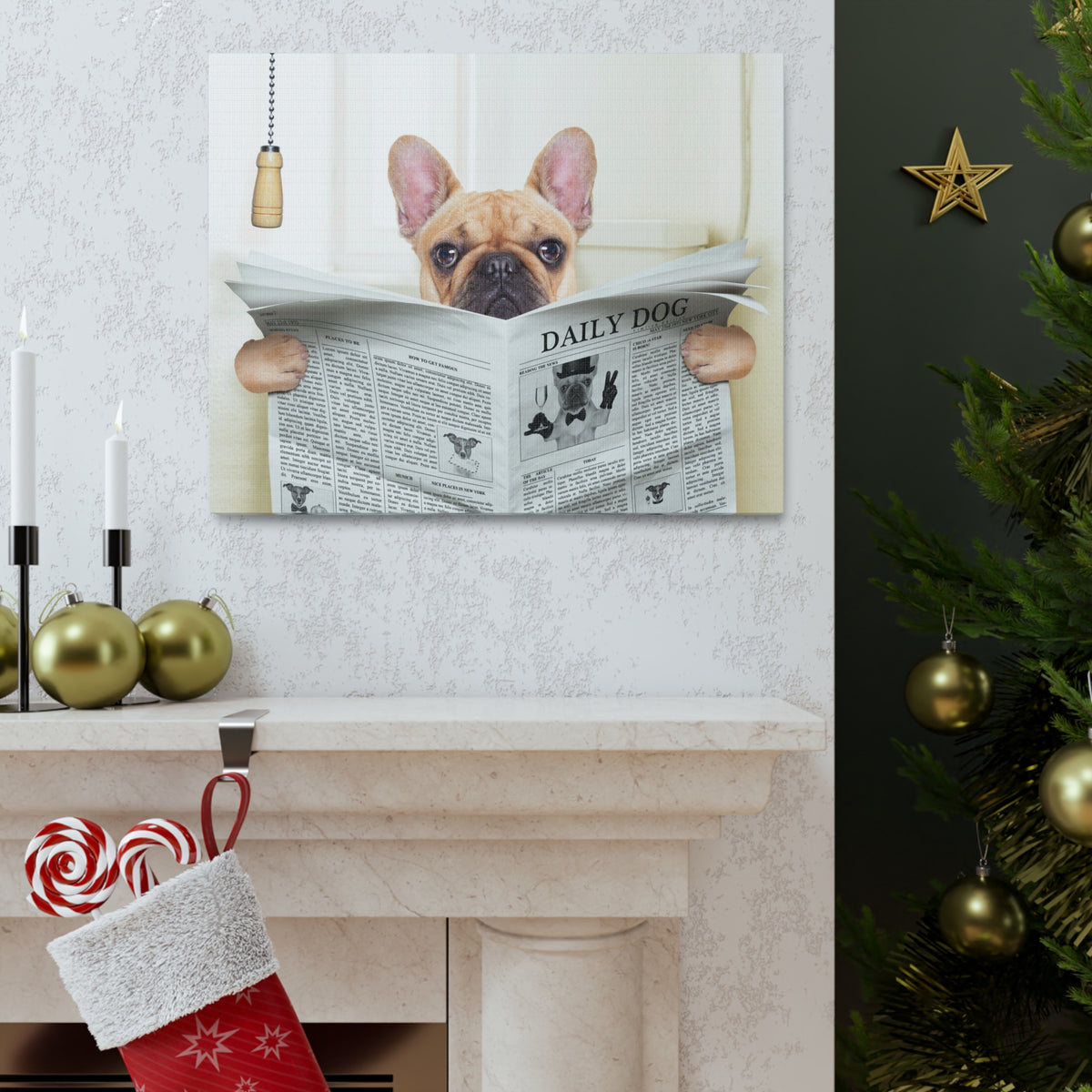 Fawn French Bulldog Reading Newspaper On Toilet Funny Canvas Wall Art for Home Decor Ready-to-Hand-Express Your Love Gifts