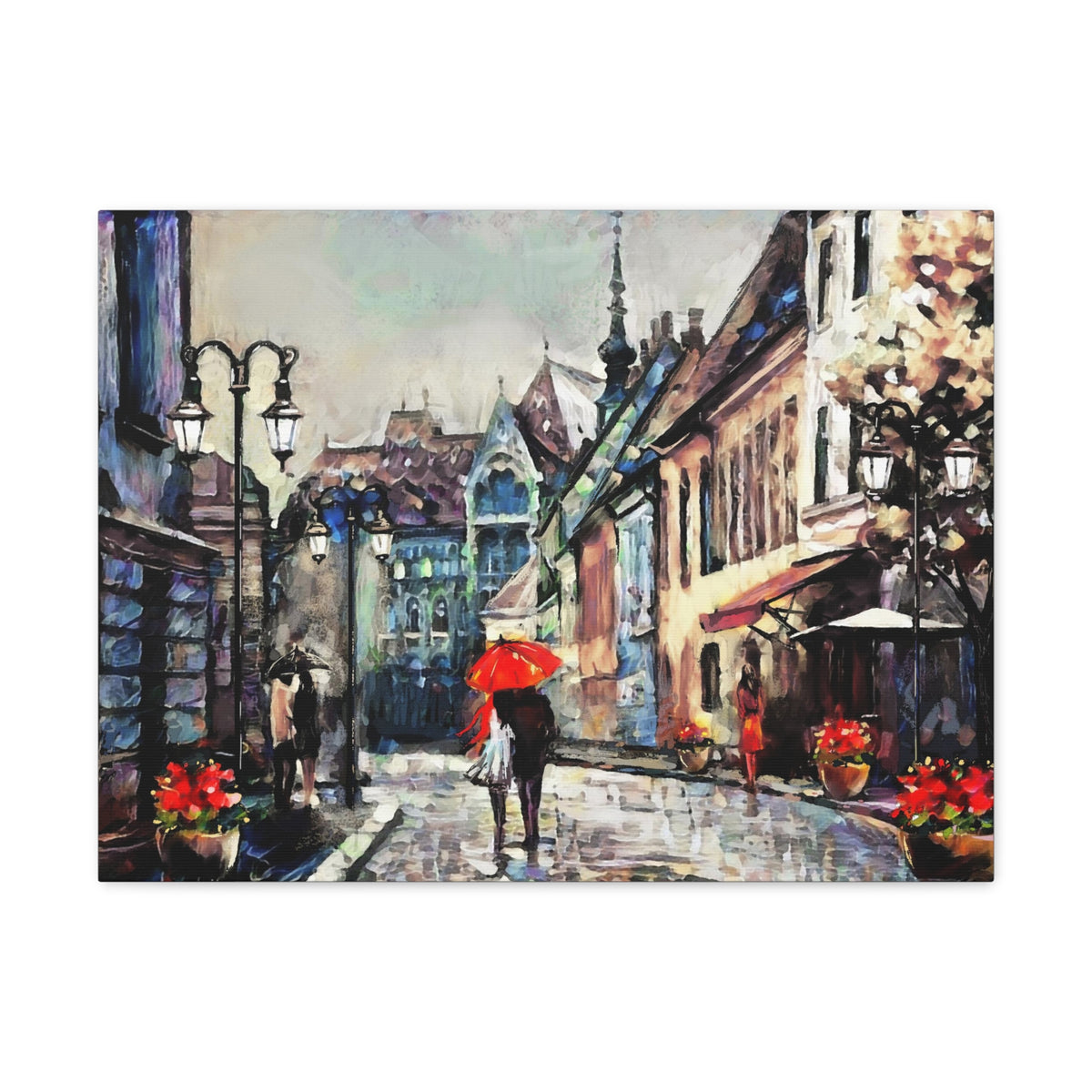 Paris Street View Couple With Red Umbrella France Canvas Artwork High-Quality Breathtaking French City for Home Decor Ready to Hang-Express Your Love Gifts