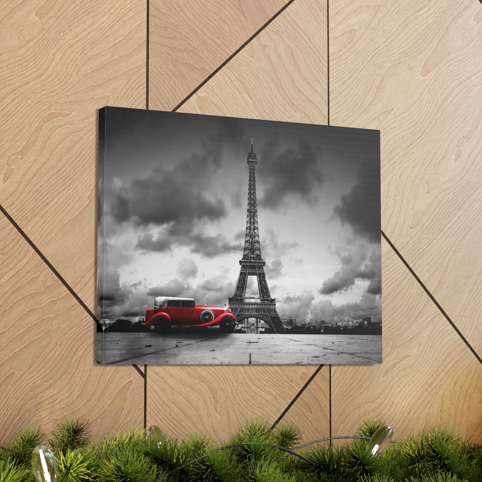 Eiffel Tower Skyline Black White Rain Red Umbrella Canvas Artwork High-Quality Breathtaking Stunning Cityscape for Home Decor Ready to Hang-Express Your Love Gifts