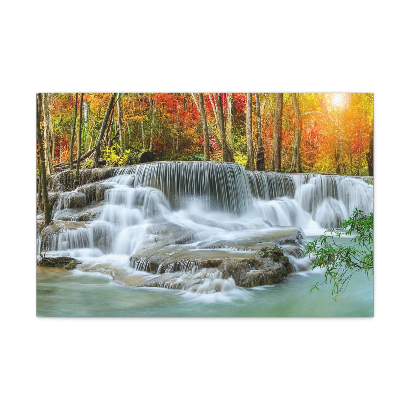 Cascading Autumn Forest Waterfall Nature Wilderness Photography Canvas Wall Art for Home Decor Ready-to-Hang-Express Your Love Gifts