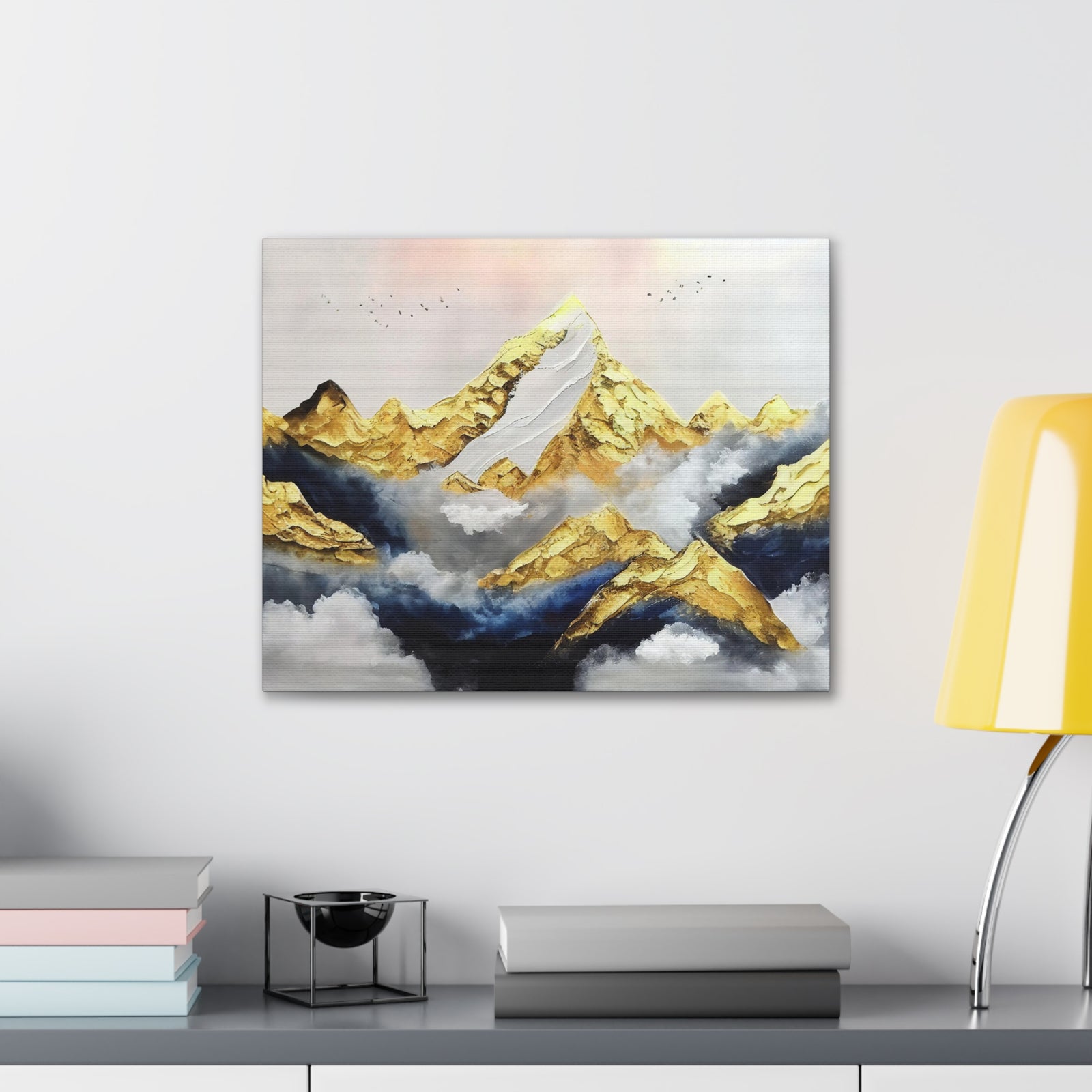 Mountaintop Landscape Birds Flying White Gold and Blue Painting Canvas Wall Art for Home Decor Ready-to-Hang-Express Your Love Gifts