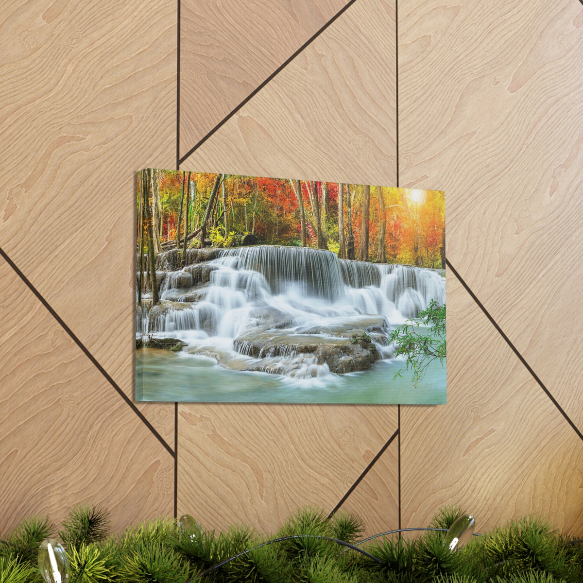 Cascading Autumn Forest Waterfall Nature Wilderness Photography Canvas Wall Art for Home Decor Ready-to-Hang-Express Your Love Gifts
