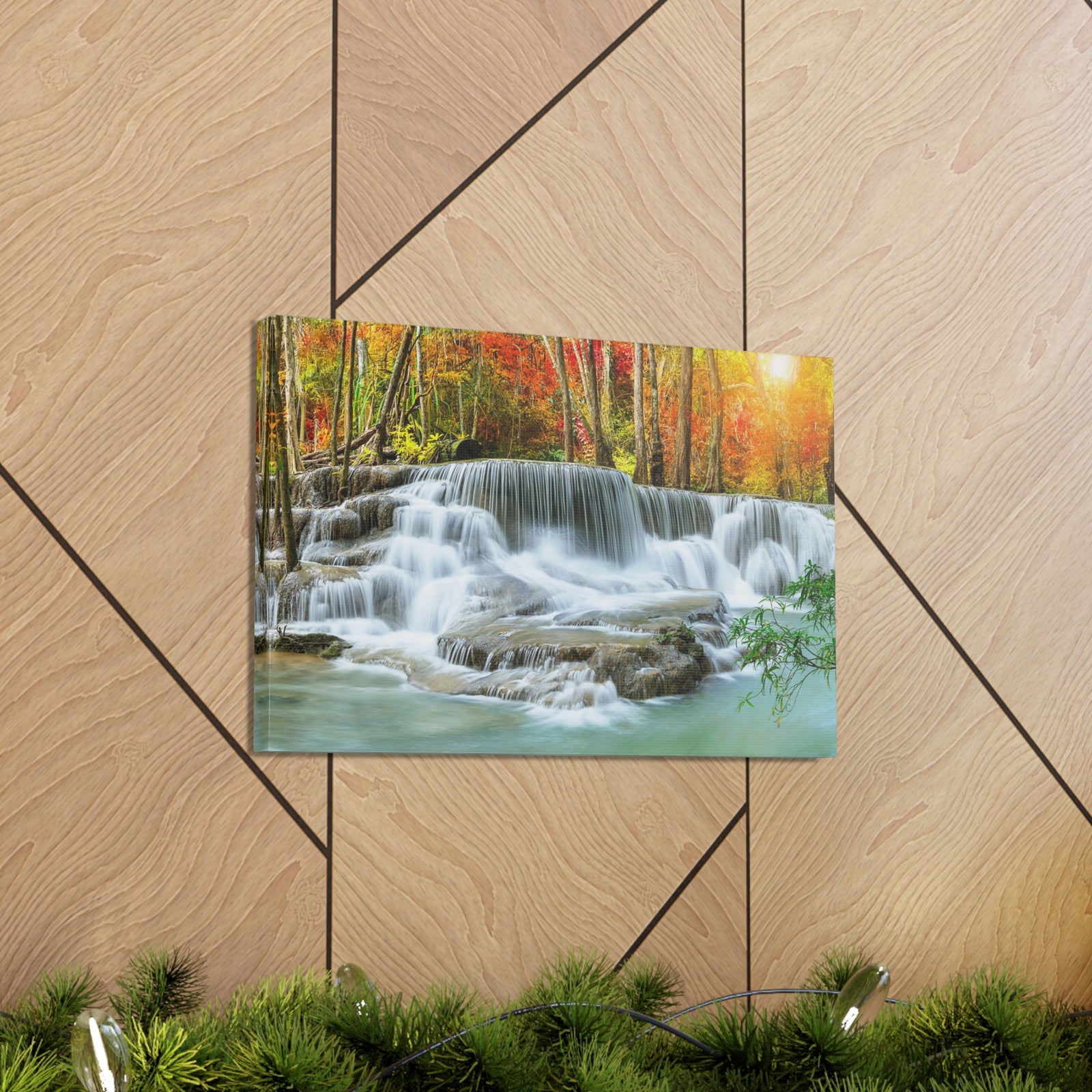 Cascading Autumn Forest Waterfall Nature Wilderness Photography Canvas Wall Art for Home Decor Ready-to-Hang-Express Your Love Gifts