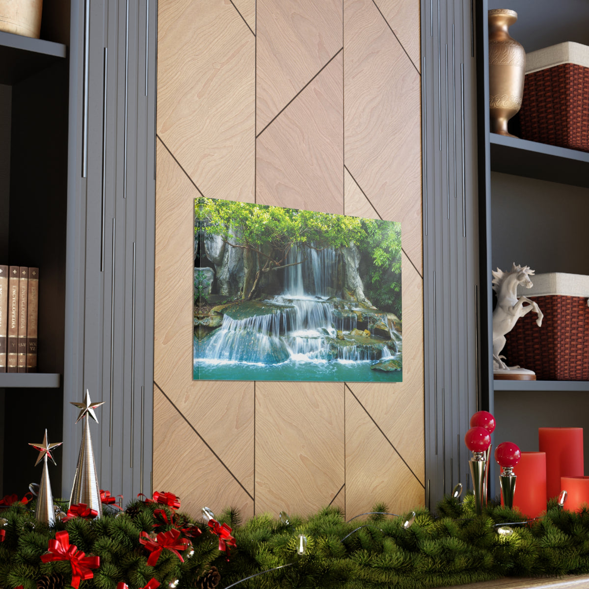 Forest Jungle Cascading Waterfall Nature Wilderness Photography Canvas Wall Art for Home Decor Ready-to-Hang-Express Your Love Gifts