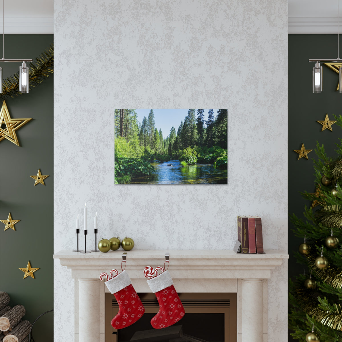 River Through The Green Forest Nature Wilderness Photography Canvas Wall Art for Home Decor Ready-to-Hang-Express Your Love Gifts