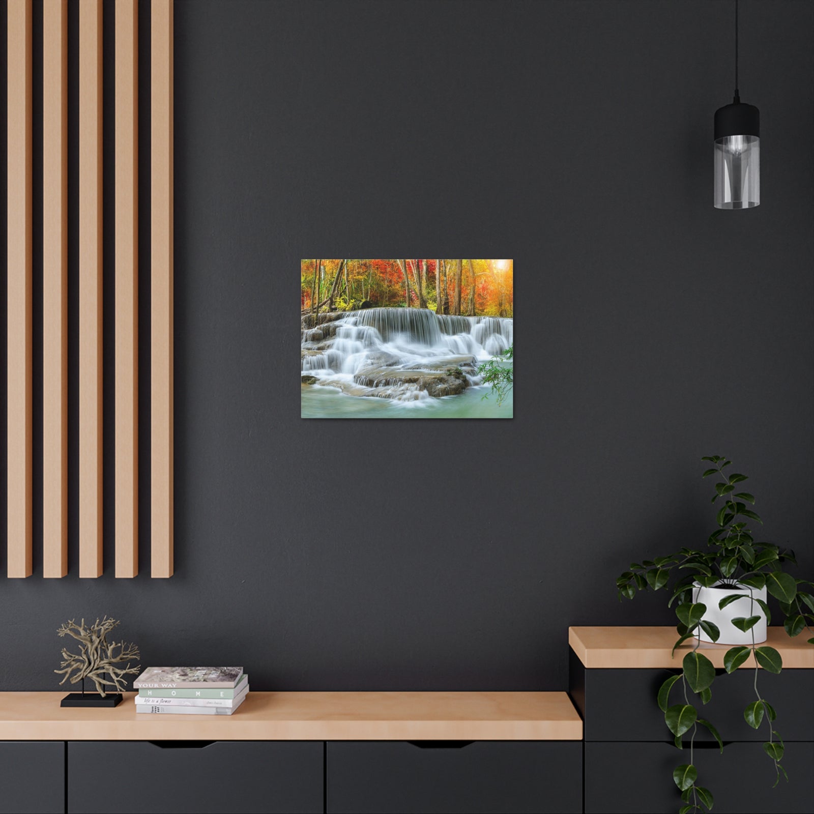 Cascading Autumn Forest Waterfall Nature Wilderness Photography Canvas Wall Art for Home Decor Ready-to-Hang-Express Your Love Gifts