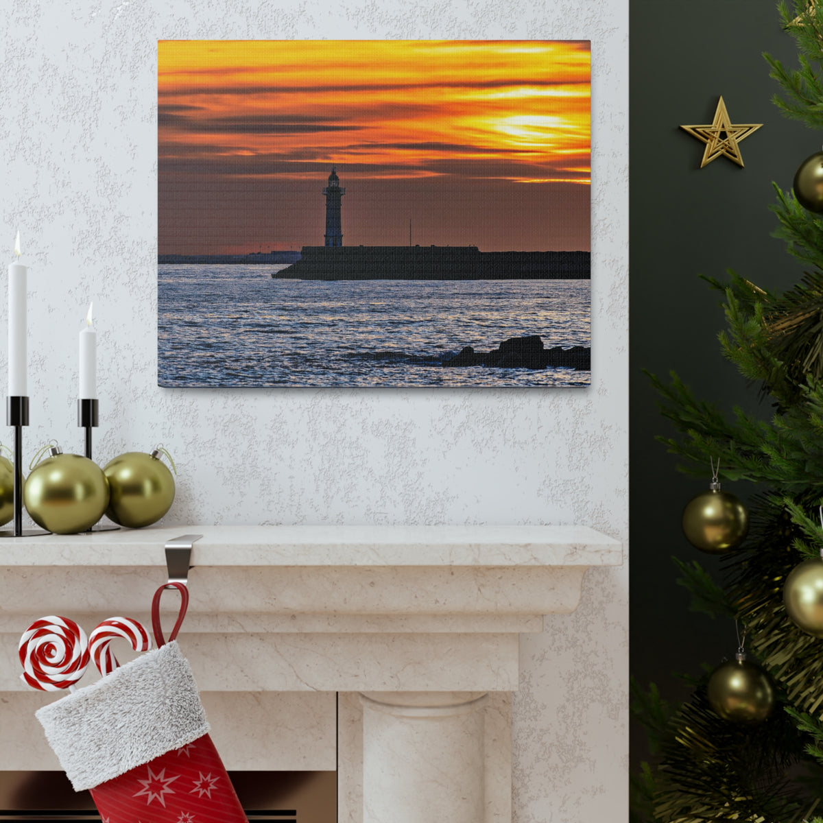 Sunset with Lighthouse Forest Floral Nature Photography Canvas Wall Art for Home Decor Ready-to-Hang-Express Your Love Gifts