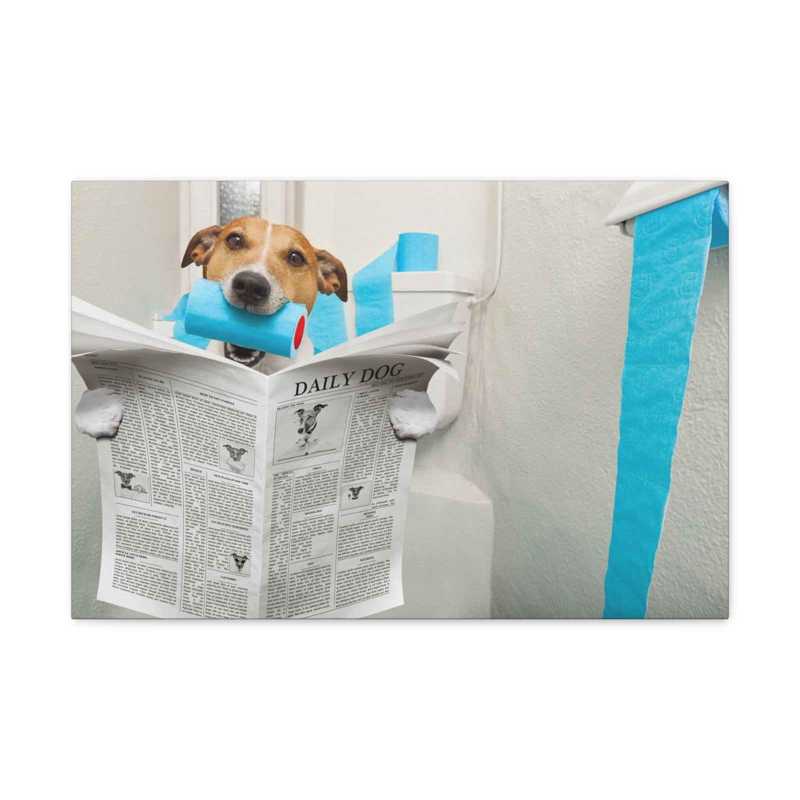 Jack Russell Terrier Biting Tissue Reading Newspaper On Toilet Funny Canvas Wall Art for Home Decor Ready-to-Hand-Express Your Love Gifts