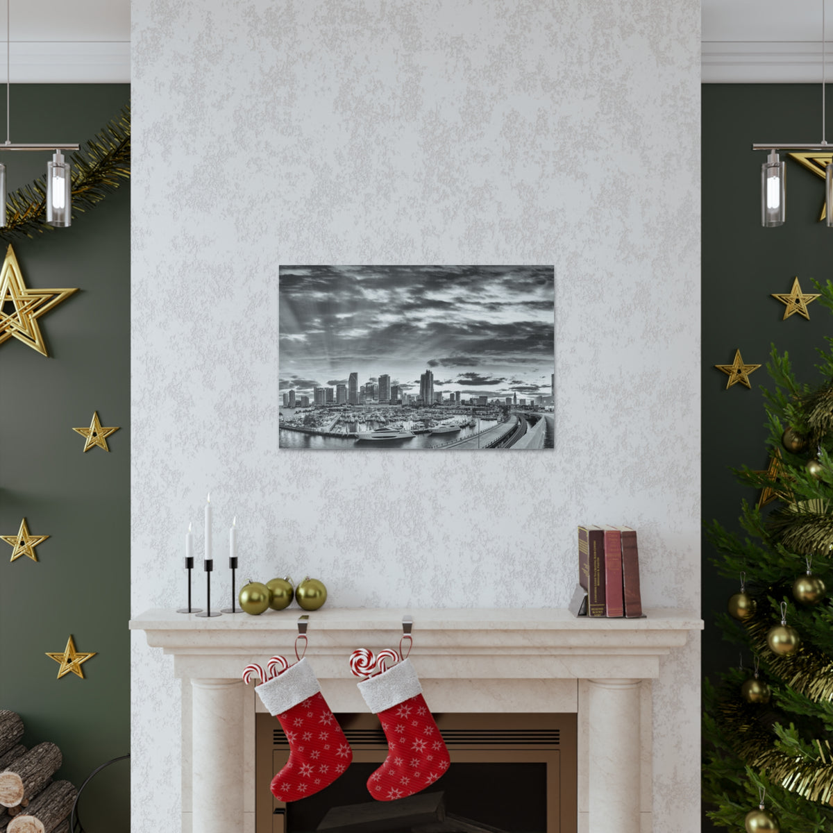 Miami Black And White Skyline Canvas Artwork High-Quality Breathtaking Stunning Cityscape for Home Decor Ready to Hang-Express Your Love Gifts