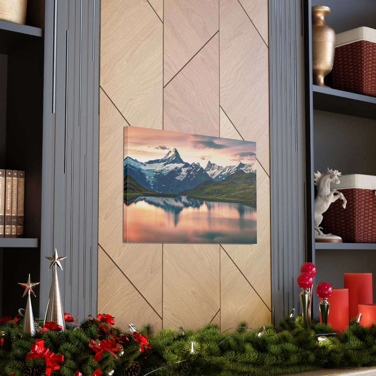 Snow Mountain Lake Summer Nature Wilderness Photography Canvas Wall Art for Home Decor Ready-to-Hang-Express Your Love Gifts