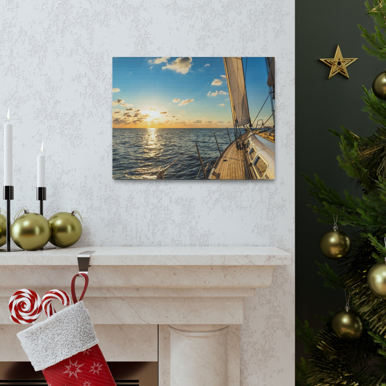 Cruising Sailboat Sailing In The Sea At Sunset Ocean Canvas Wall Art for Home Decor Ready-to-Hang-Express Your Love Gifts