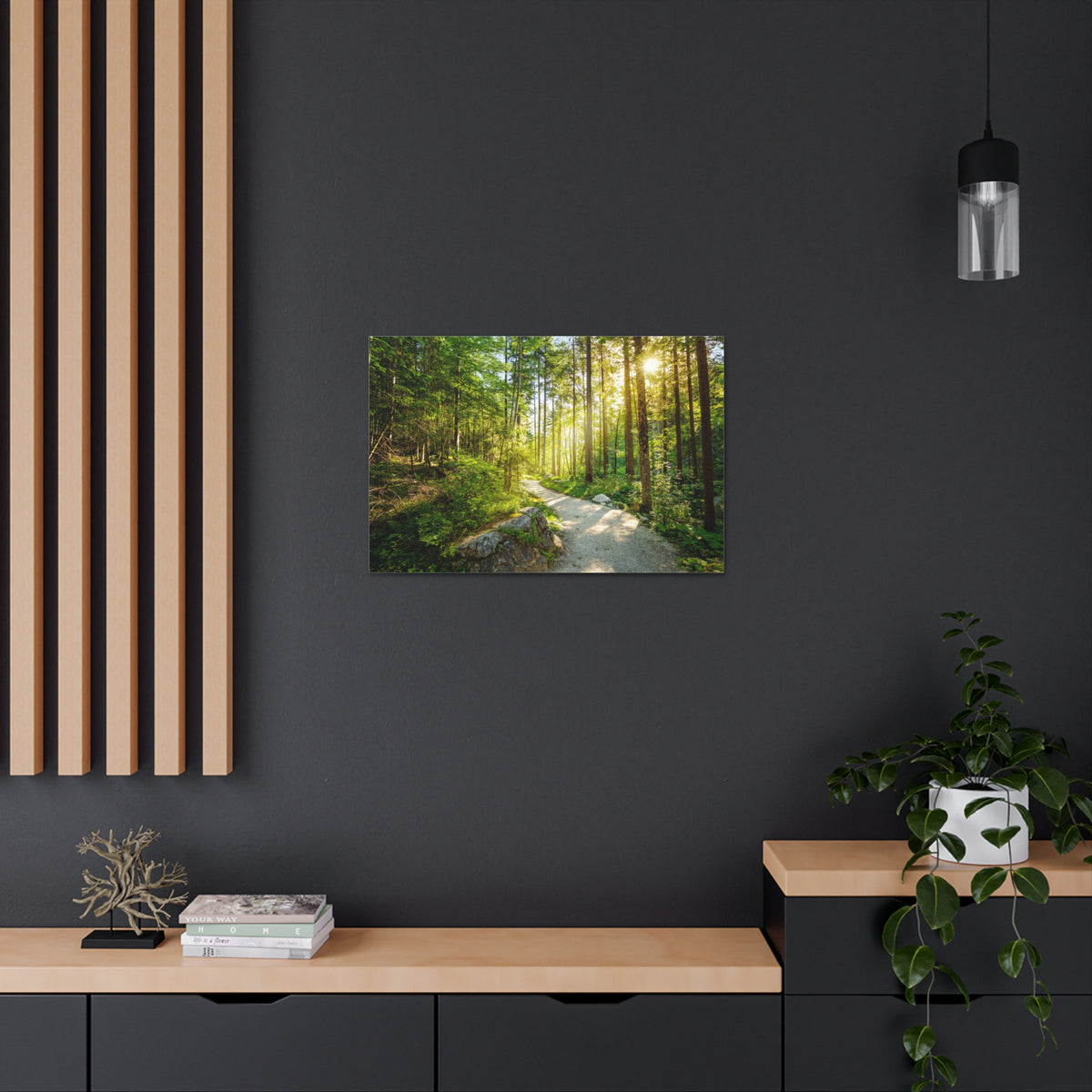 Sunlight Passing Through Green Forest Path Nature Wilderness Photography Canvas Wall Art for Home Decor Ready-to-Hang-Express Your Love Gifts