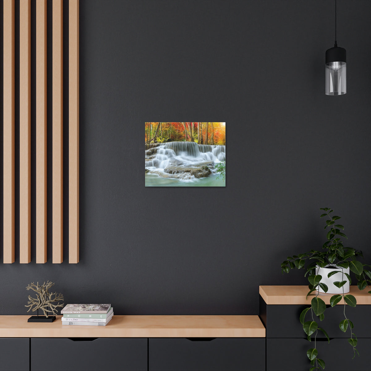 Cascading Autumn Forest Waterfall Nature Wilderness Photography Canvas Wall Art for Home Decor Ready-to-Hang-Express Your Love Gifts