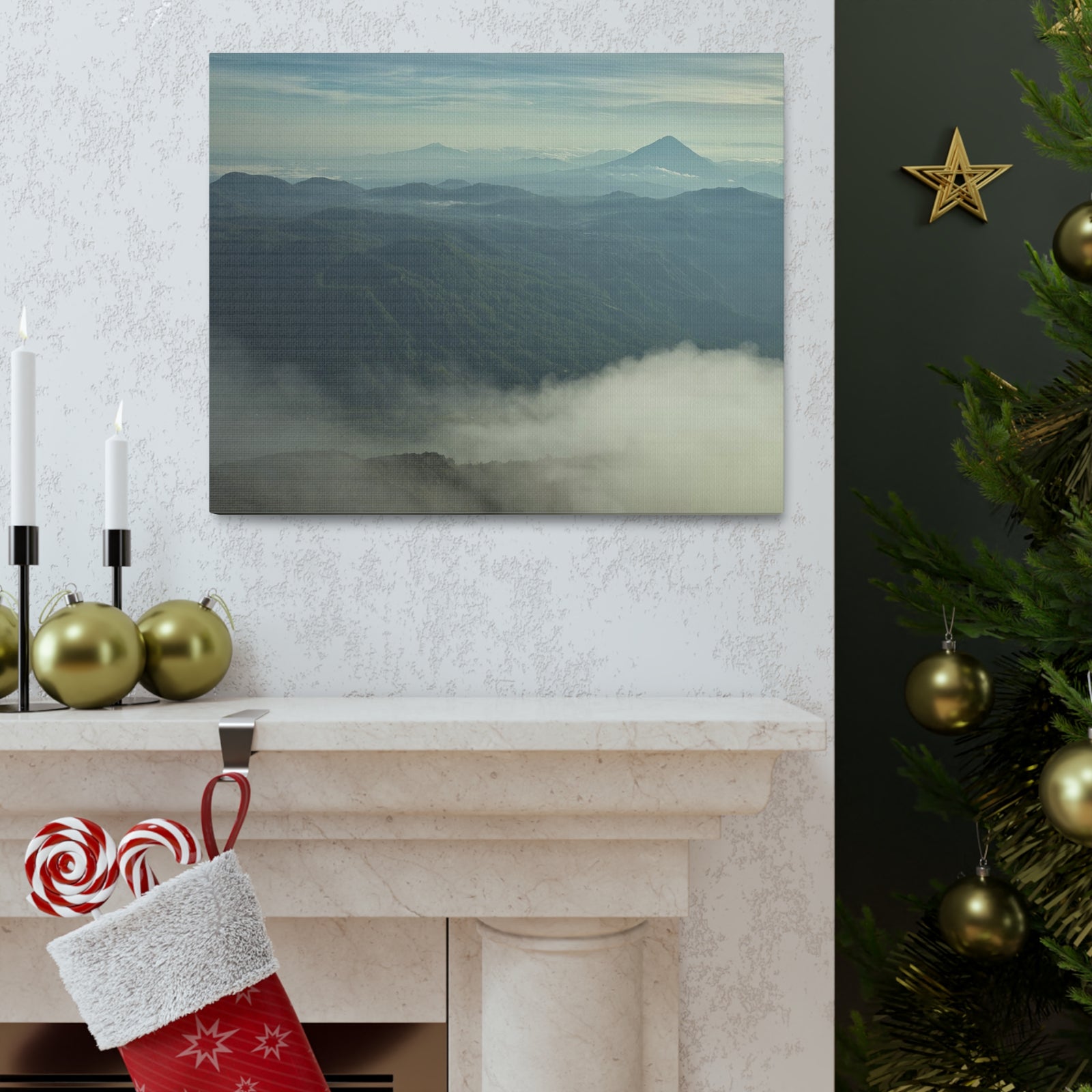 Misty Mountains Green Forest Nature Wilderness Photography Canvas Wall Art for Home Decor Ready-to-Hang-Express Your Love Gifts